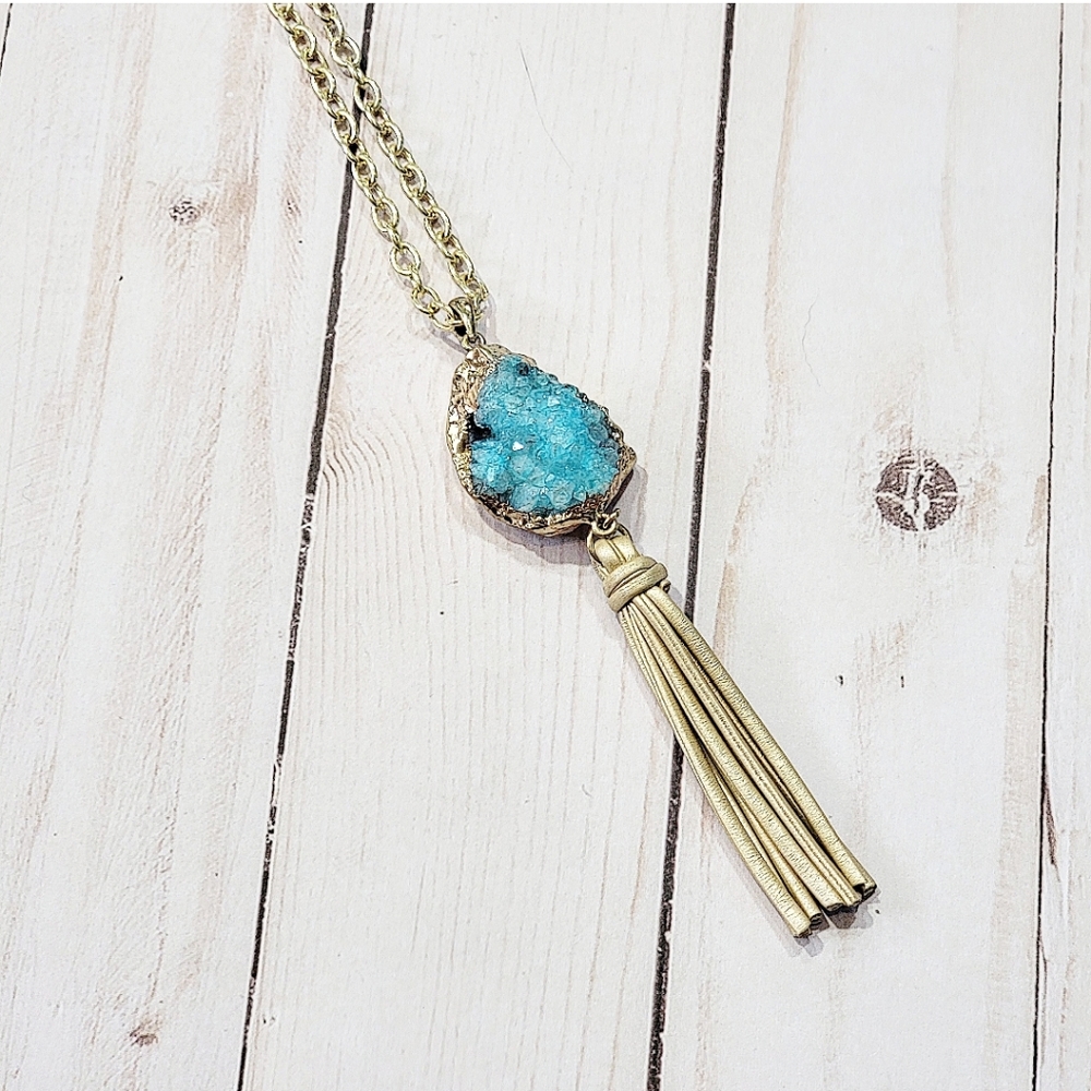 ARTISAN LONG GOLD & TURQUOISE TASSEL NECKLACE